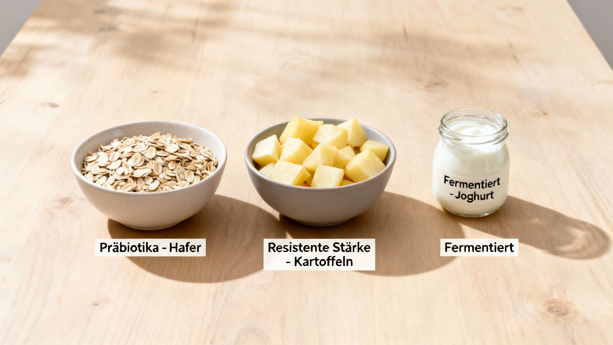 Schüsseln mit präbiotischem Hafer, resistenter Stärke aus Kartoffeln und fermentiertem Joghurt auf Holztisch.