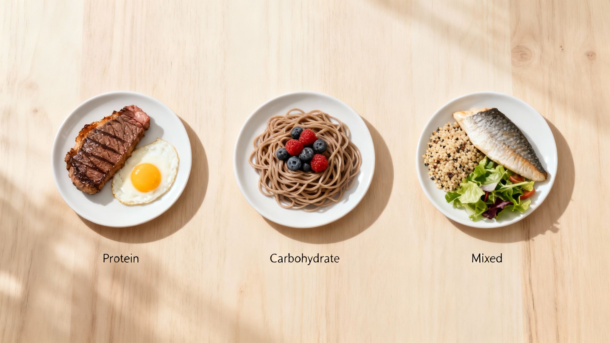 Drei Teller mit verschiedenen Mahlzeiten, darunter Protein, Kohlenhydrate und gemischte Optionen, auf einem Holztisch.