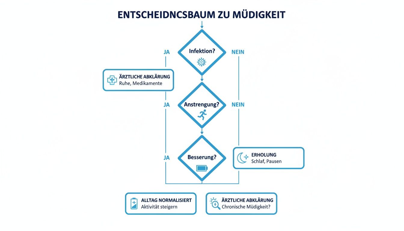 Flussdiagramm zur Müdigkeitsbewertung: Prüft Infektion, Anstrengung und Besserung, leitet zu ärztlicher Abklärung oder Erholung.