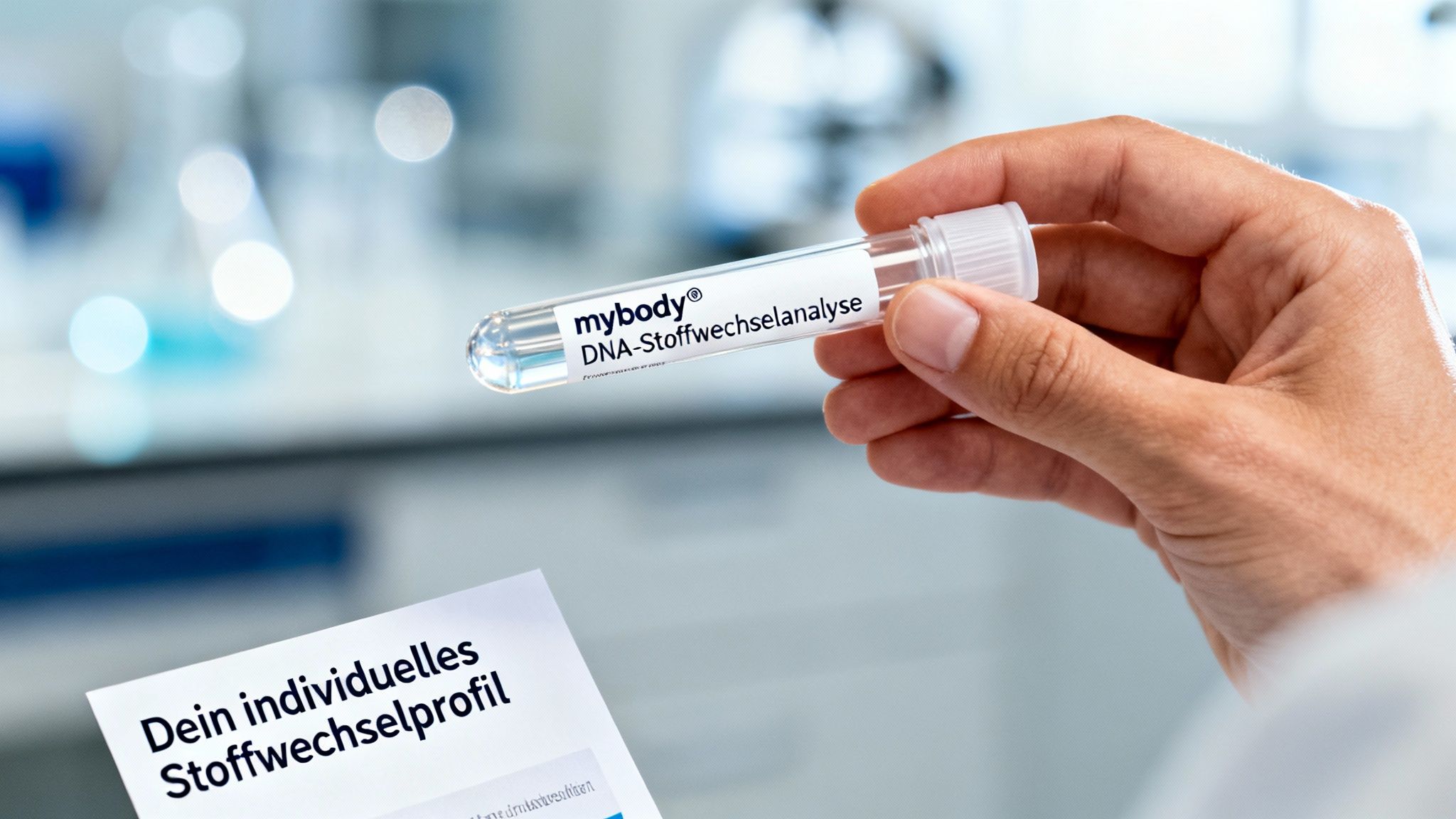 Hand hält Reagenzglas mit 'mybody® DNA-Stoffwechselanalyse' und einem Dokument über individuelles Stoffwechselprofil.