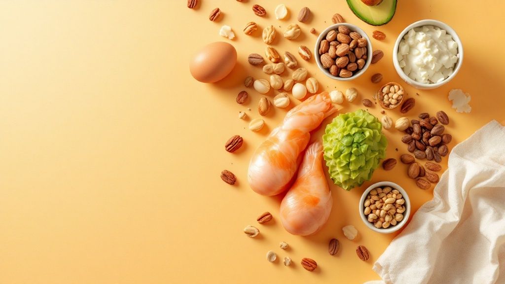 Eine Auswahl an keto-freundlichen Lebensmitteln wie Gemüse, Fisch und Nüssen auf einer Küchenarbeitsplatte