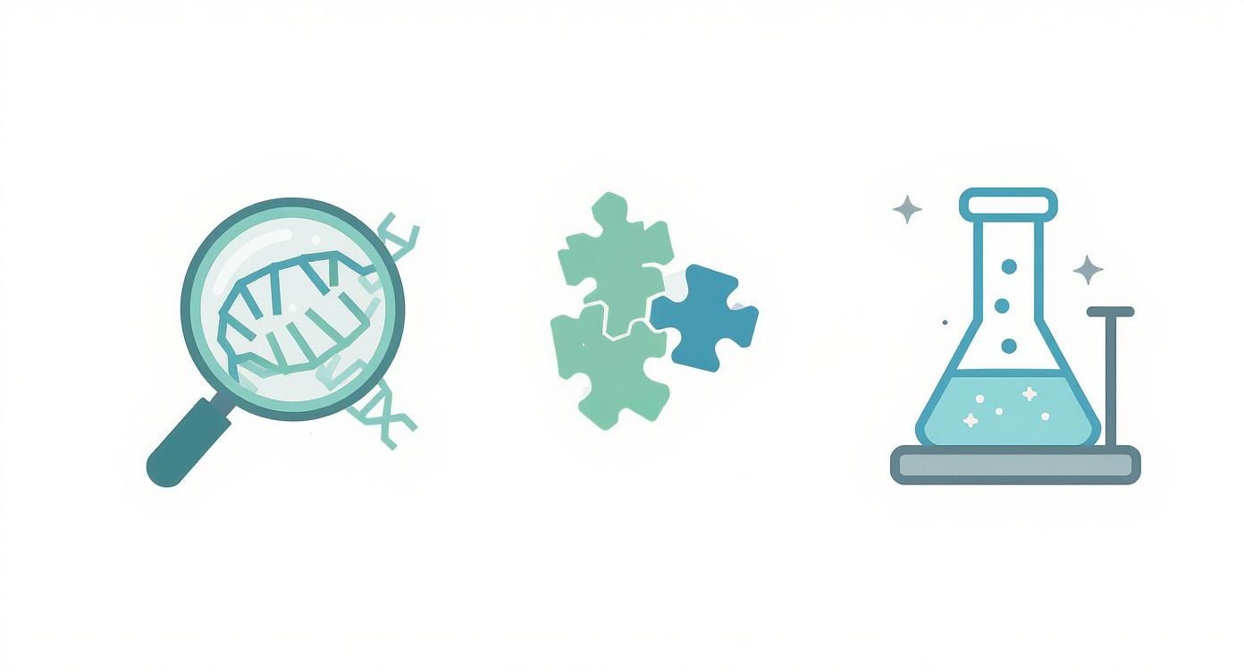 Illustration von Forschung und Analyse der Darmflora mittels Mikroskopie, Puzzleteilen für Entdeckungen und Laborexperimenten.