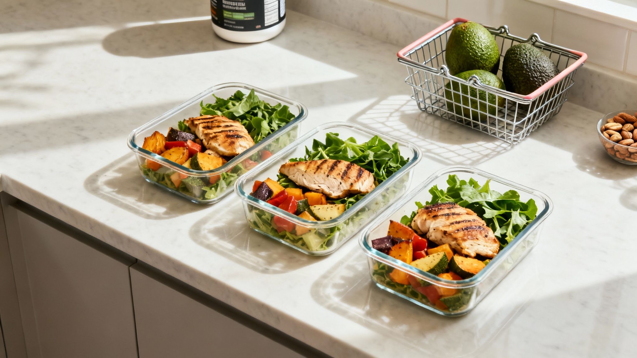Meal Prep Boxen mit gegrilltem Hähnchen, buntem Gemüse und Salat für gesunde Low Carb Ernährung