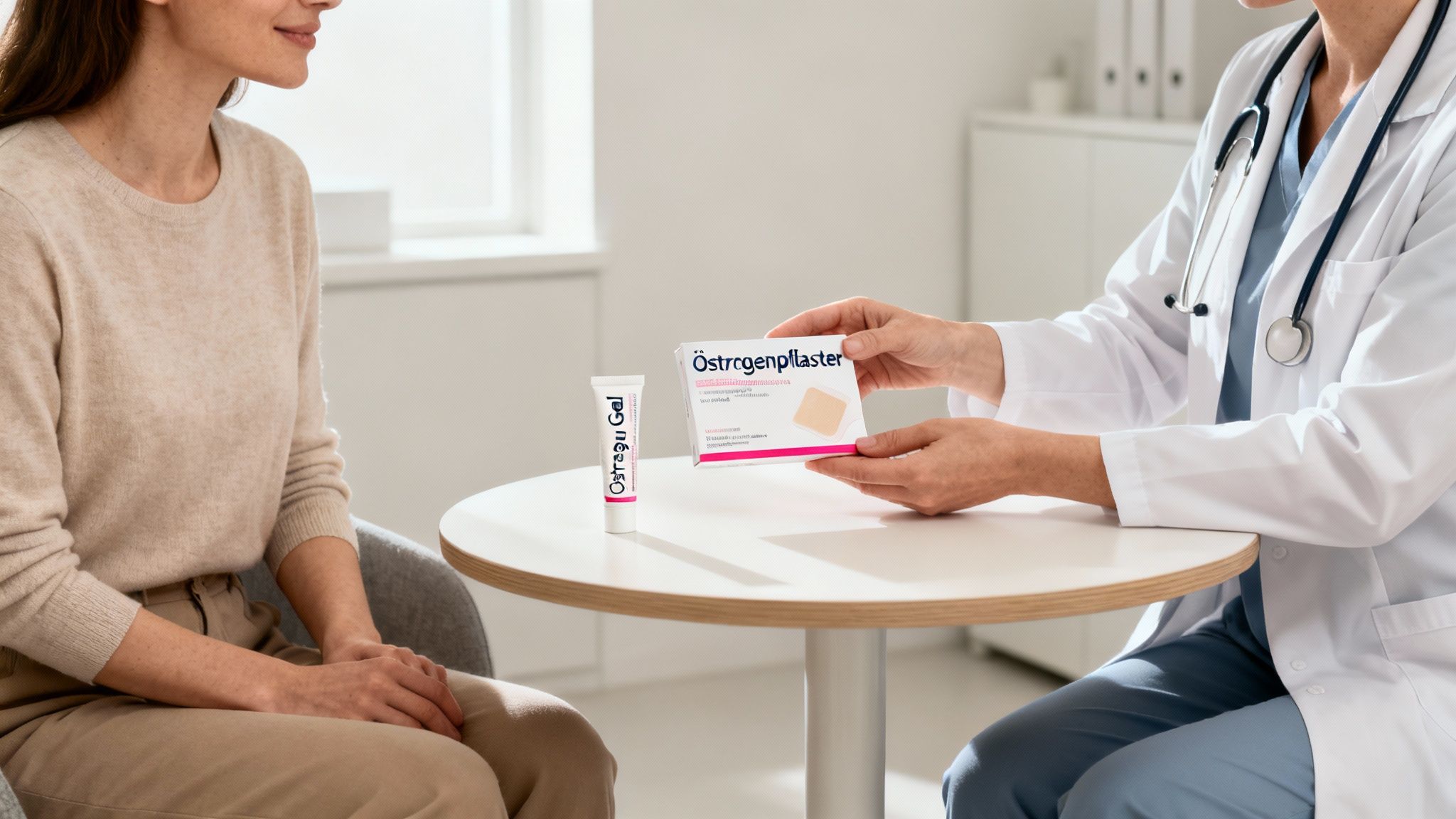 Médico explica para paciente o adesivo e gel de estrogênio para terapia hormonal contra ondas de calor em um consultório.