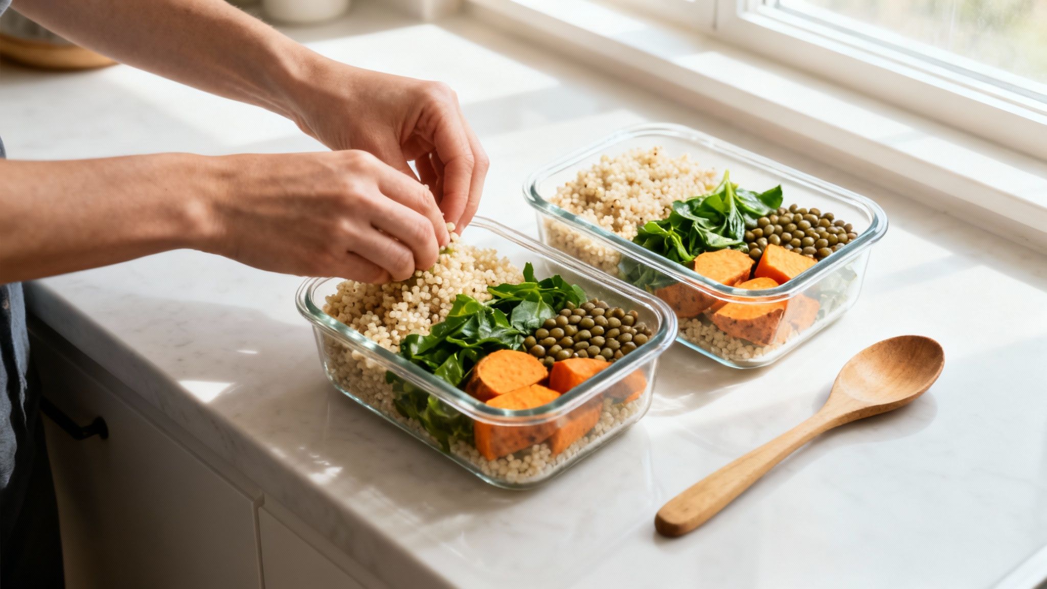 Eine Person bereitet eine gesunde Mahlzeit mit Quinoa und Gemüse in einer hellen Küche zu.