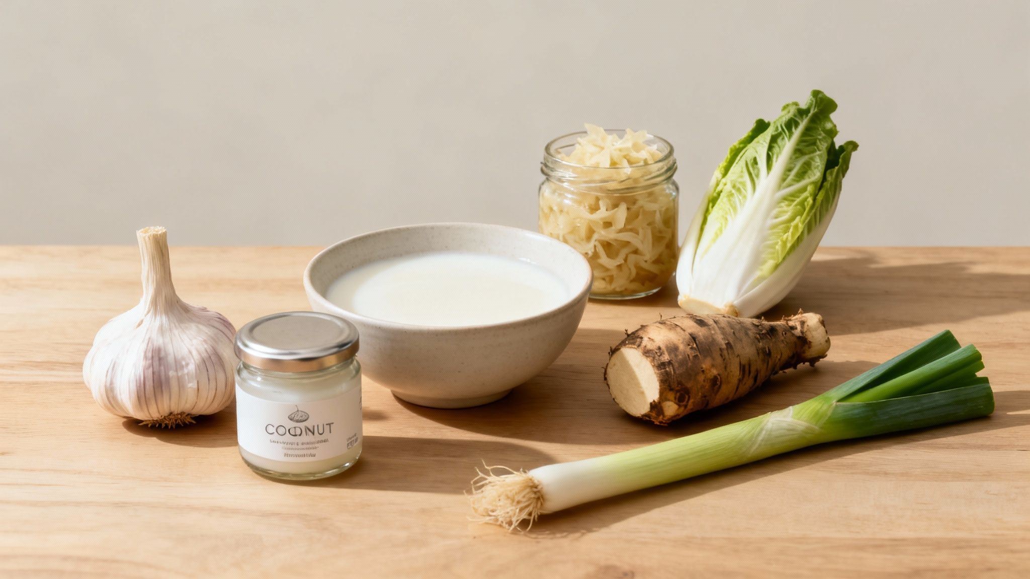 Su un tavolo di legno si possono disporre diversi ingredienti freschi: aglio, olio di cocco, latte, cavolo, porri e ortaggi a radice.
