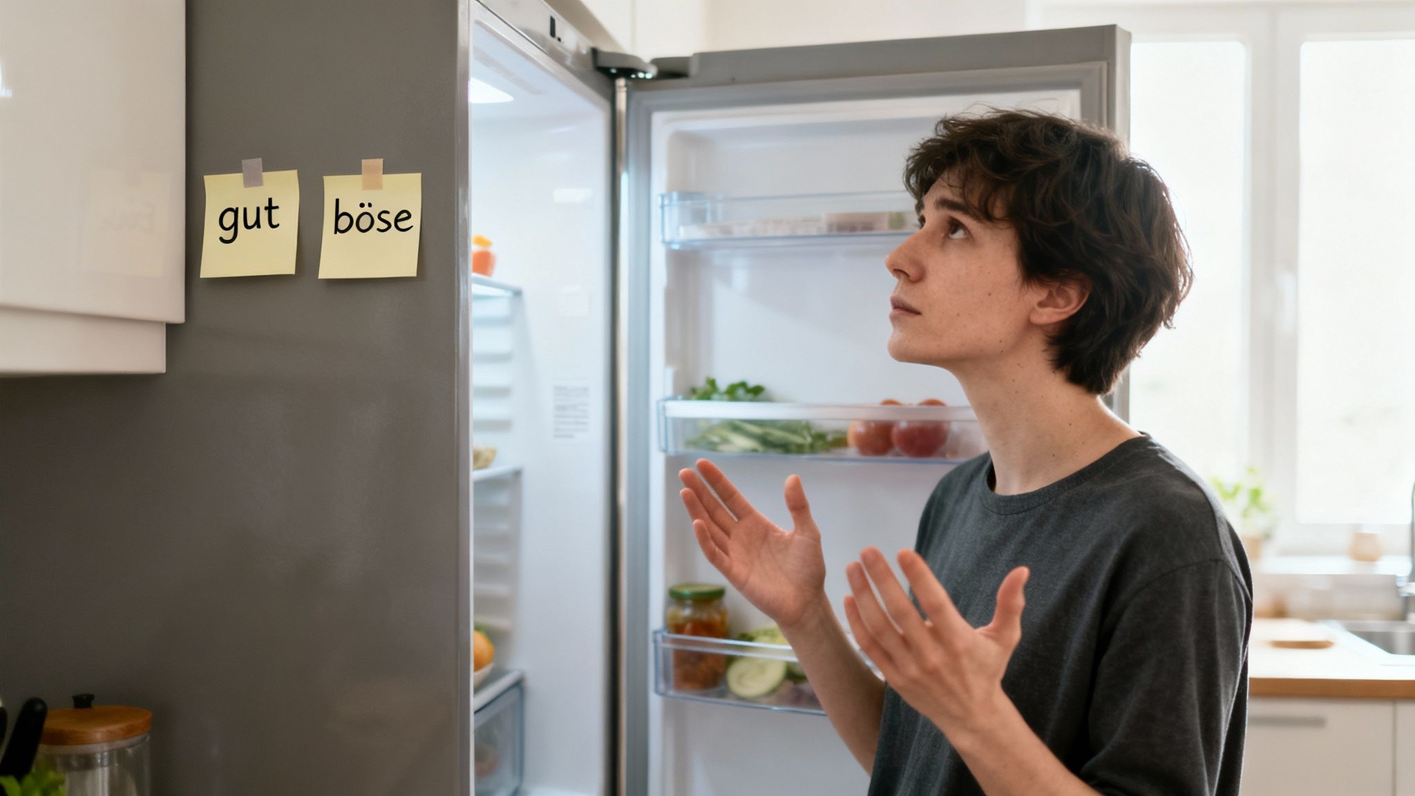 Junge Person vor offenem Kühlschrank, über Essenswahl nachdenkend, mit 'gut' und 'böse' Notizen.