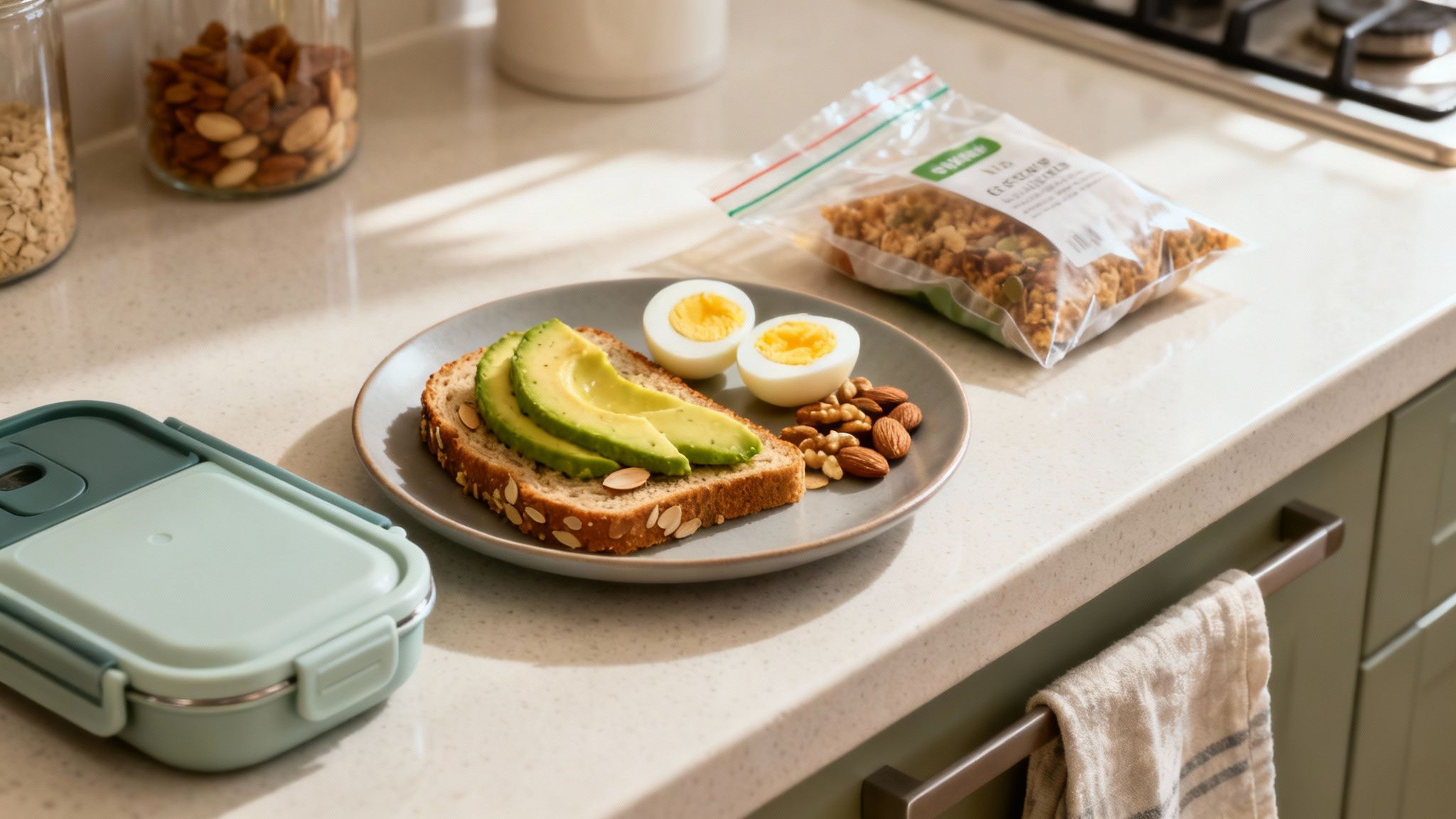 Eine Person bereitet eine gesunde Low-Carb-Mahlzeit in ihrer Küche zu.