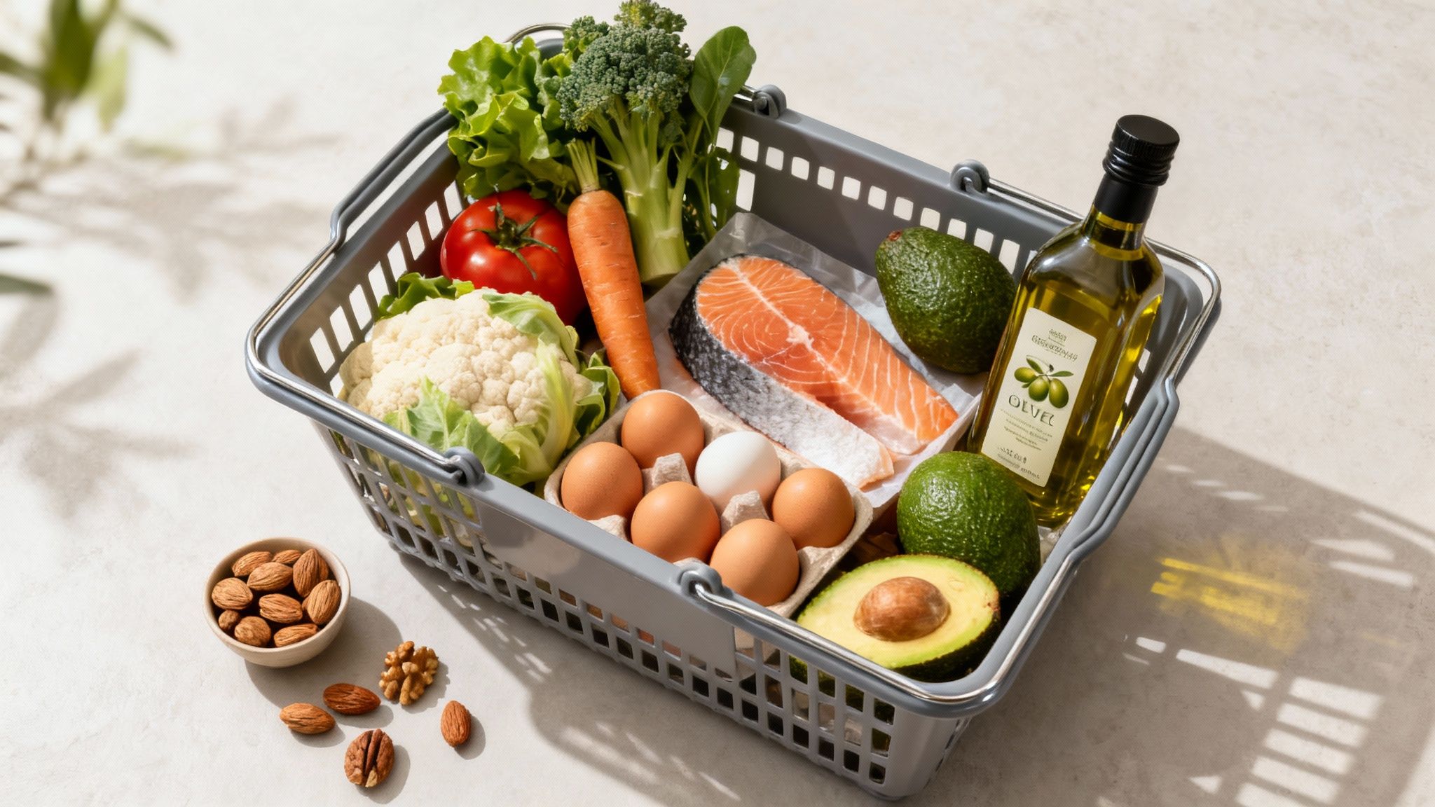 Eine Auswahl an frischen Low-Carb-Lebensmitteln wie Gemüse, Fisch und Nüssen auf einem Tisch.