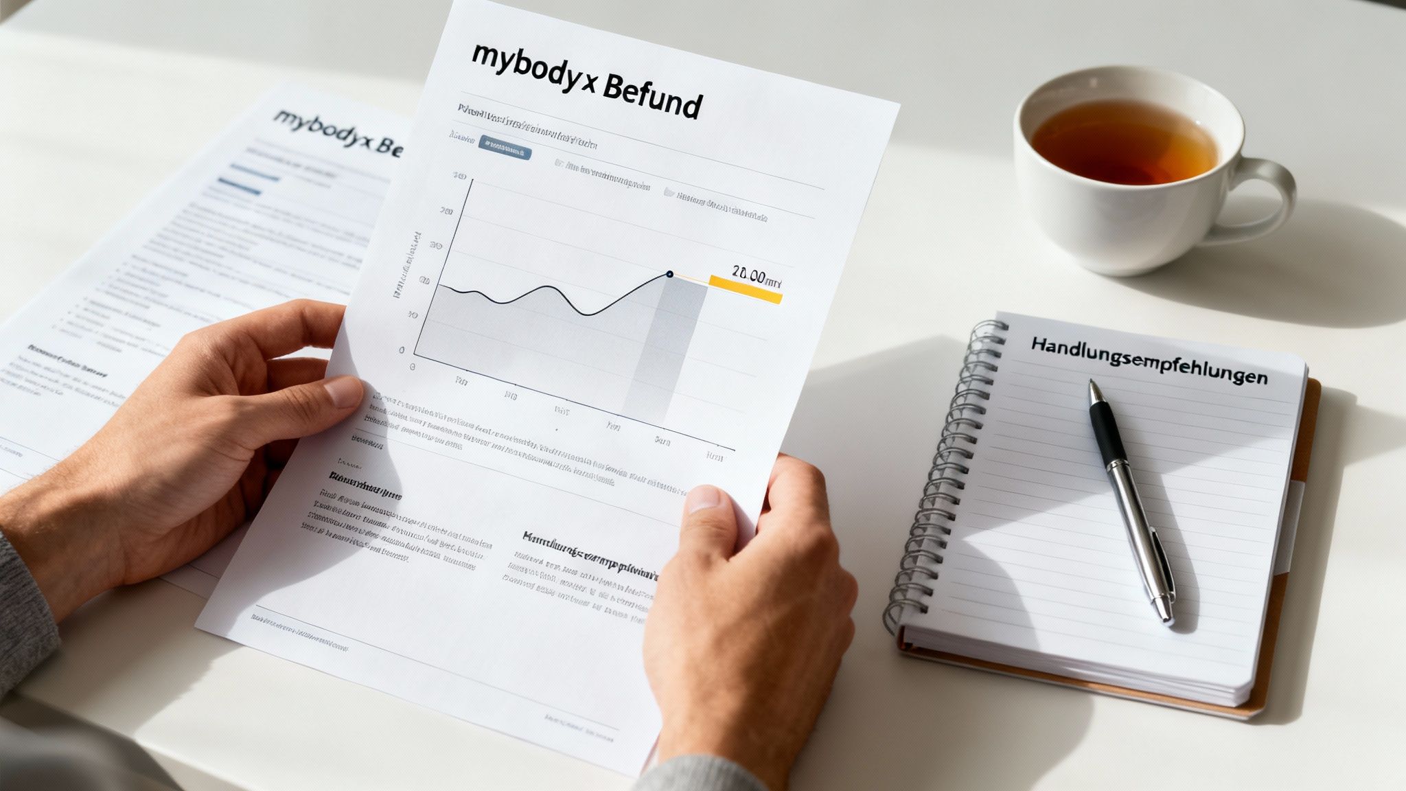 Person analysiert Speicheltest-Ergebnisse auf einem Dokument mit Diagramm, Notizbuch und Tee.