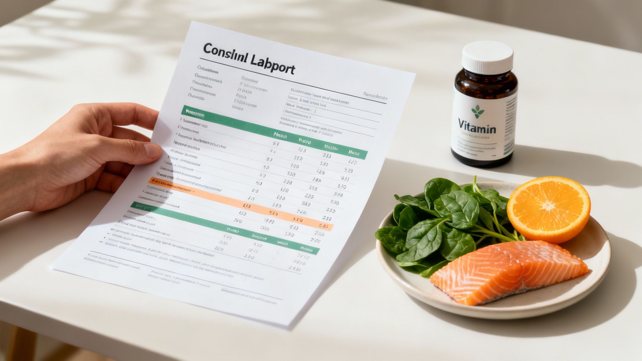 Eine Person studiert aufmerksam ihren Laborbericht, im Hintergrund sind gesunde Lebensmittel zu sehen.