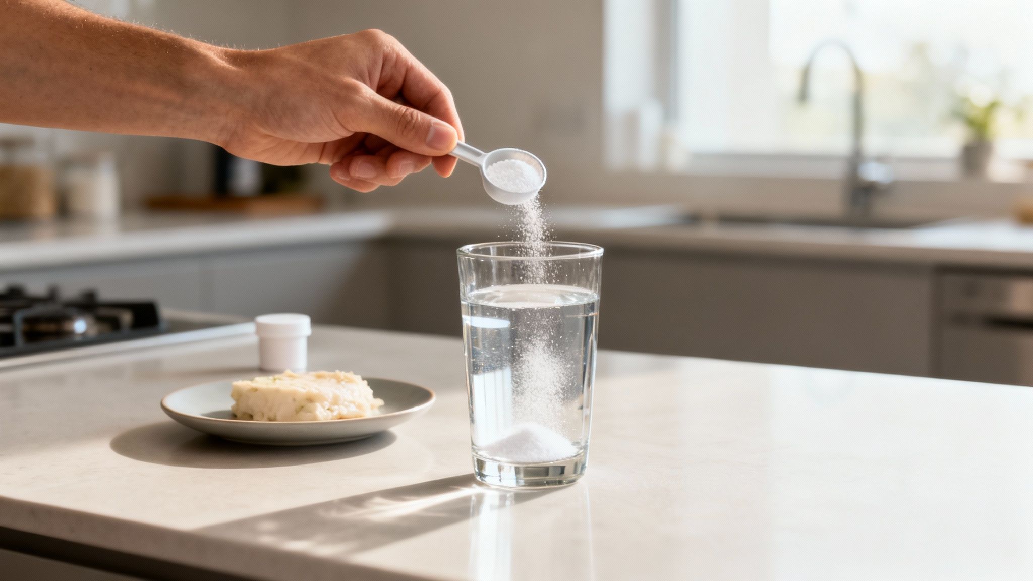 Eine Person rührt Kreatin-Pulver in einem Glas mit Wasser an