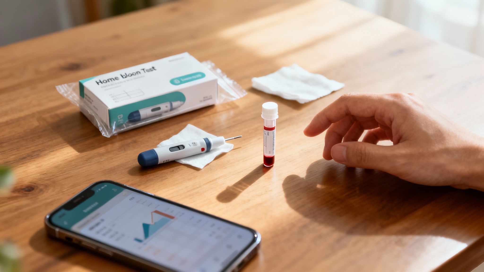 Hand einer Person neben Heim-Bluttest-Set, Blutröhrchen und Smartphone auf Holztisch.