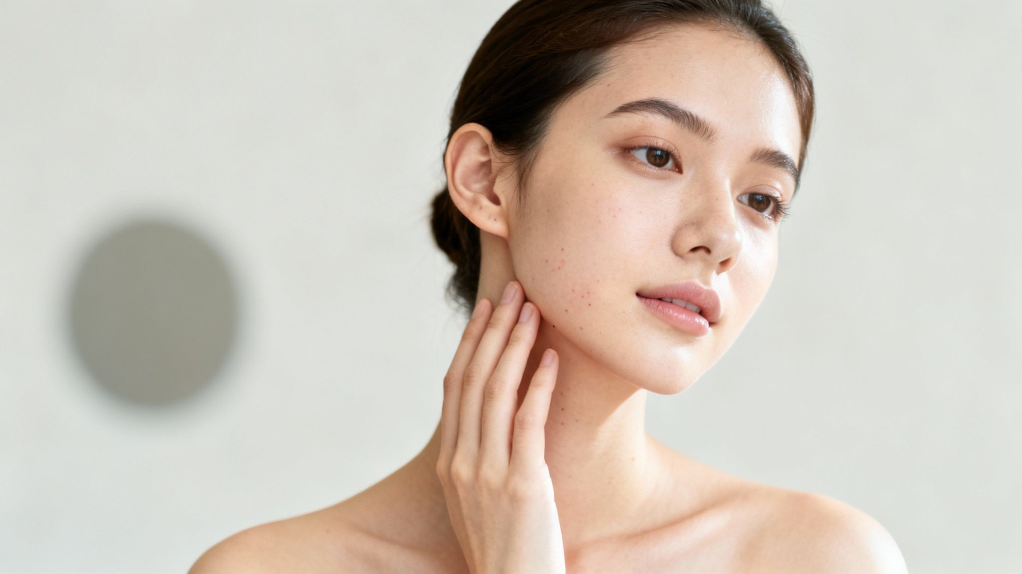 Nahaufnahme einer jungen asiatischen Frau mit natürlichen Hautunreinheiten, die ihre Wange berührt.