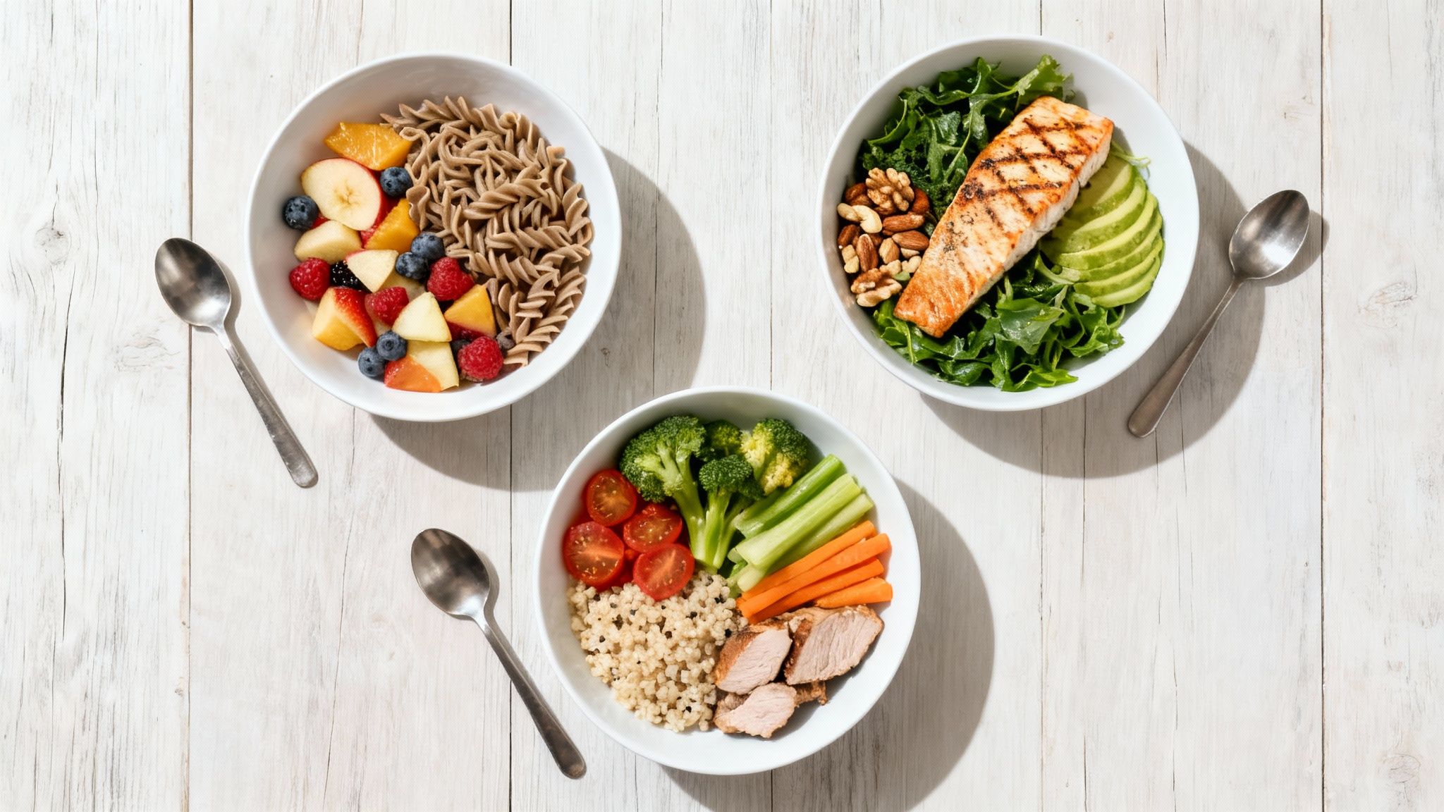 Drei gesunde Schalen mit vollwertigen Mahlzeiten: Obst und Pasta, Lachs und Salat, Quinoa und Gemüse.