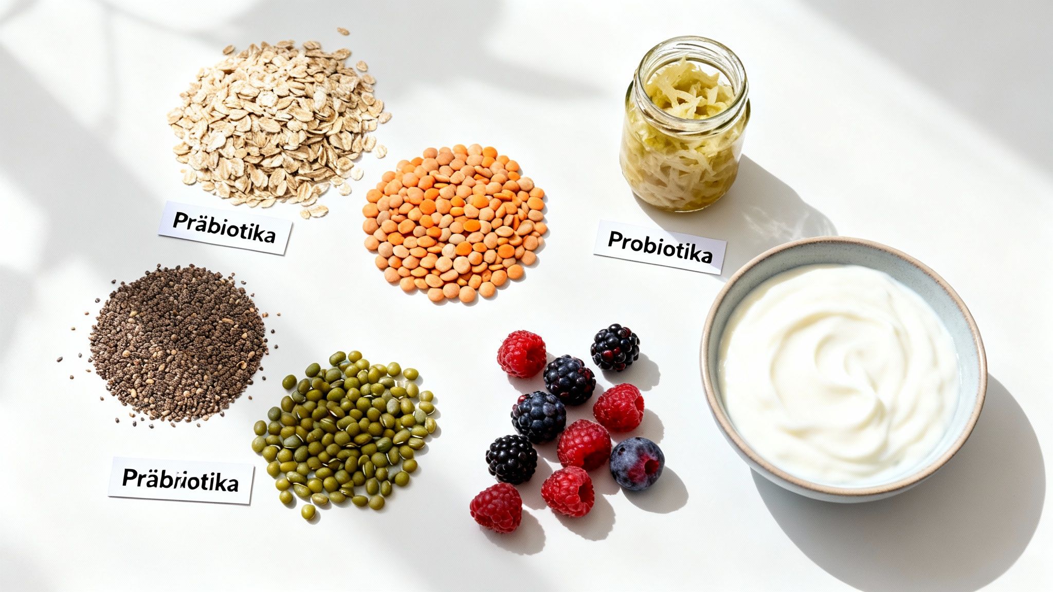 Eine Auswahl an präbiotischen und probiotischen Lebensmitteln wie Haferflocken, Chiasamen, Linsen, Beeren und Joghurt.