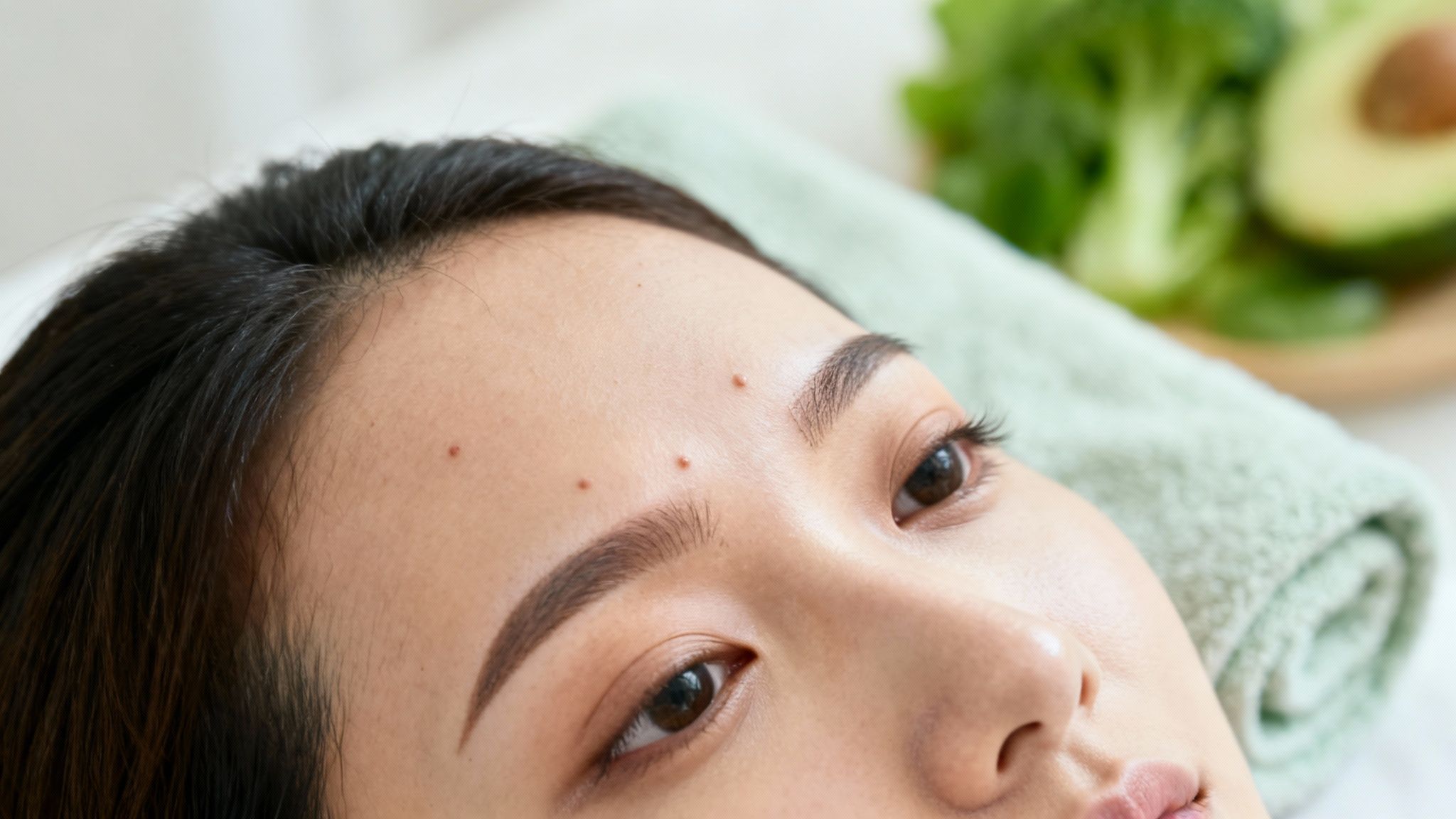 Nahaufnahme des Gesichts einer jungen Frau mit kleinen erhabenen Stellen auf der Stirn, entspannt liegend.