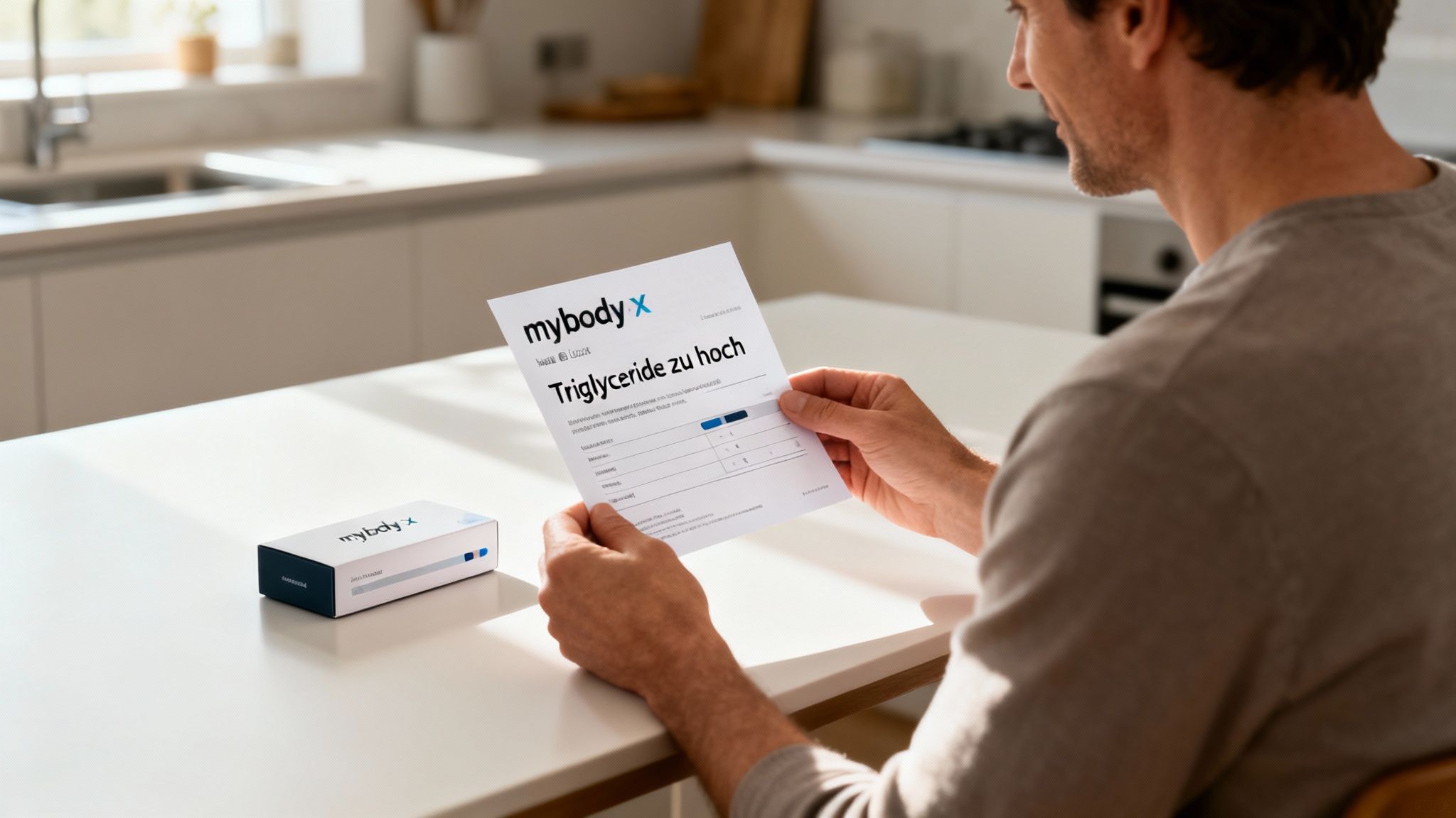 Mann liest mybody X Gesundheitsergebnisse über zu hohe Triglyceride in moderner Küche.