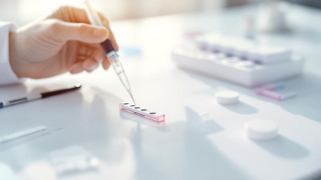 Eine Frau schaut auf einen Schnelltest, den sie in der Hand hält, mit einem Ausdruck von Konzentration und leichter Nervosität.