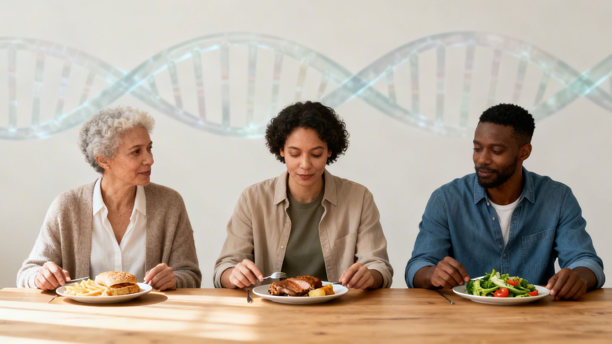 Three people of different ages and ethnicities are eating different meals at a table, with a strand of DNA in the background.