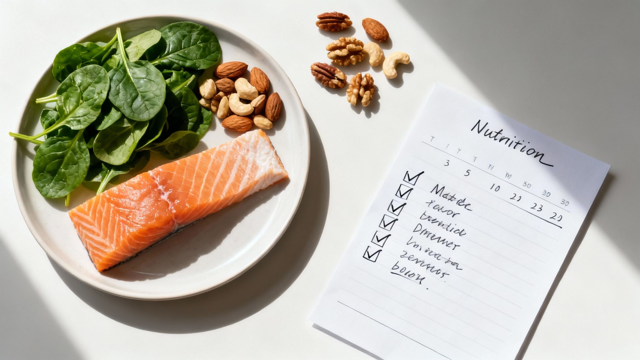 Teller mit frischem Lachsfilet, grünem Spinat und Nüssen, neben einer Notiz mit Ernährungscheckliste.