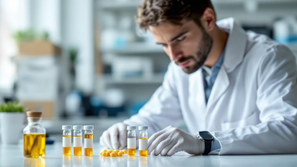 Eine Person hält ein Reagenzglas mit einer Blutprobe in der Hand, während im Hintergrund Laborgeräte zu sehen sind.
