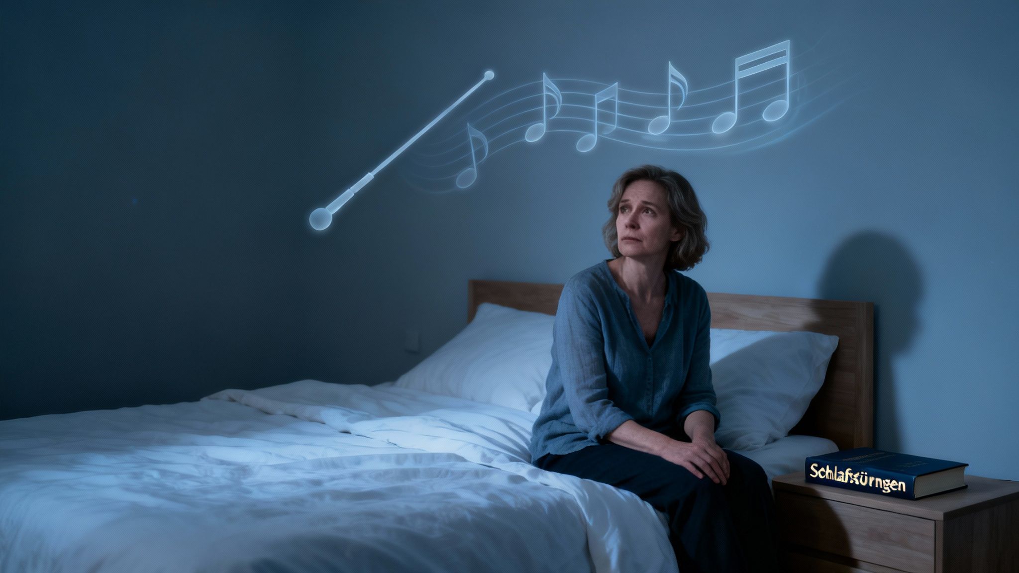 An elderly woman sits awake in bed at night, her eyes tired, filled with the illusion of musical notes. A book about sleep disorders lies beside her.