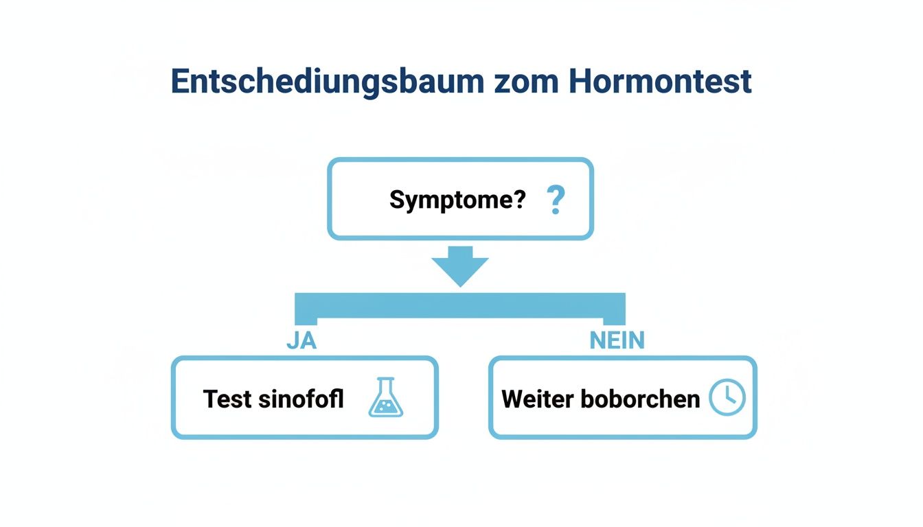 Arbre de décision pour le test hormonal : question sur les symptômes. Si oui, test ; si non, attendre.