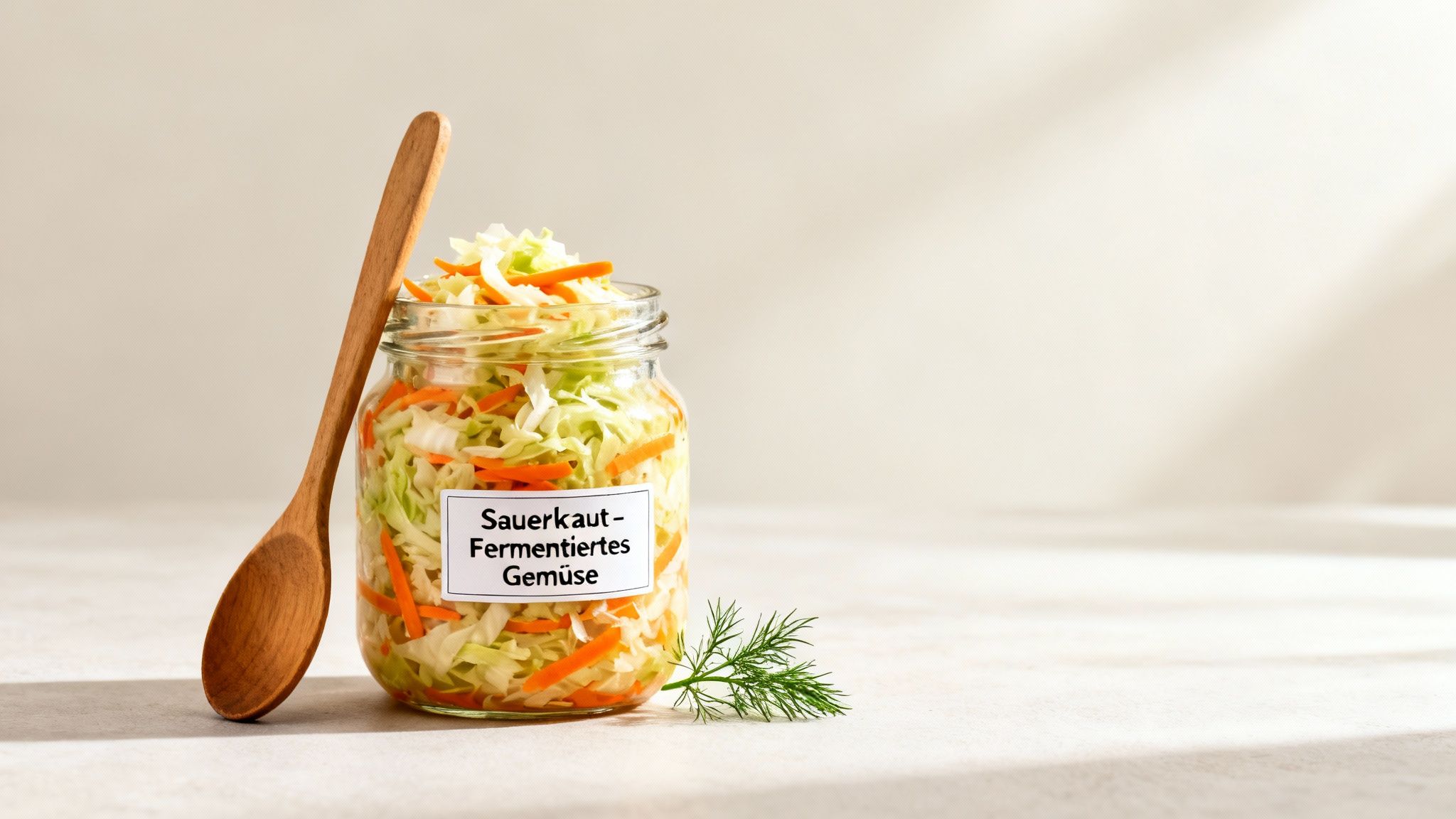 Ein Glas Sauerkraut mit Karotten, einem Holzlöffel und frischem Dill auf hellem Hintergrund.