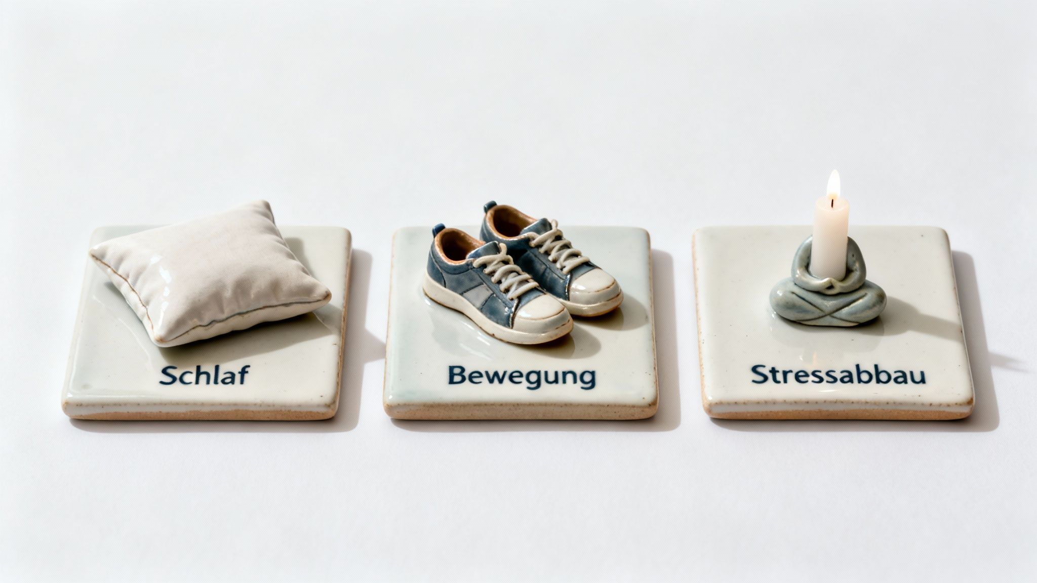 Drei Kacheln mit Symbolen für Schlaf (Kissen), Bewegung (Schuhe) und Stressabbau (Kerze).