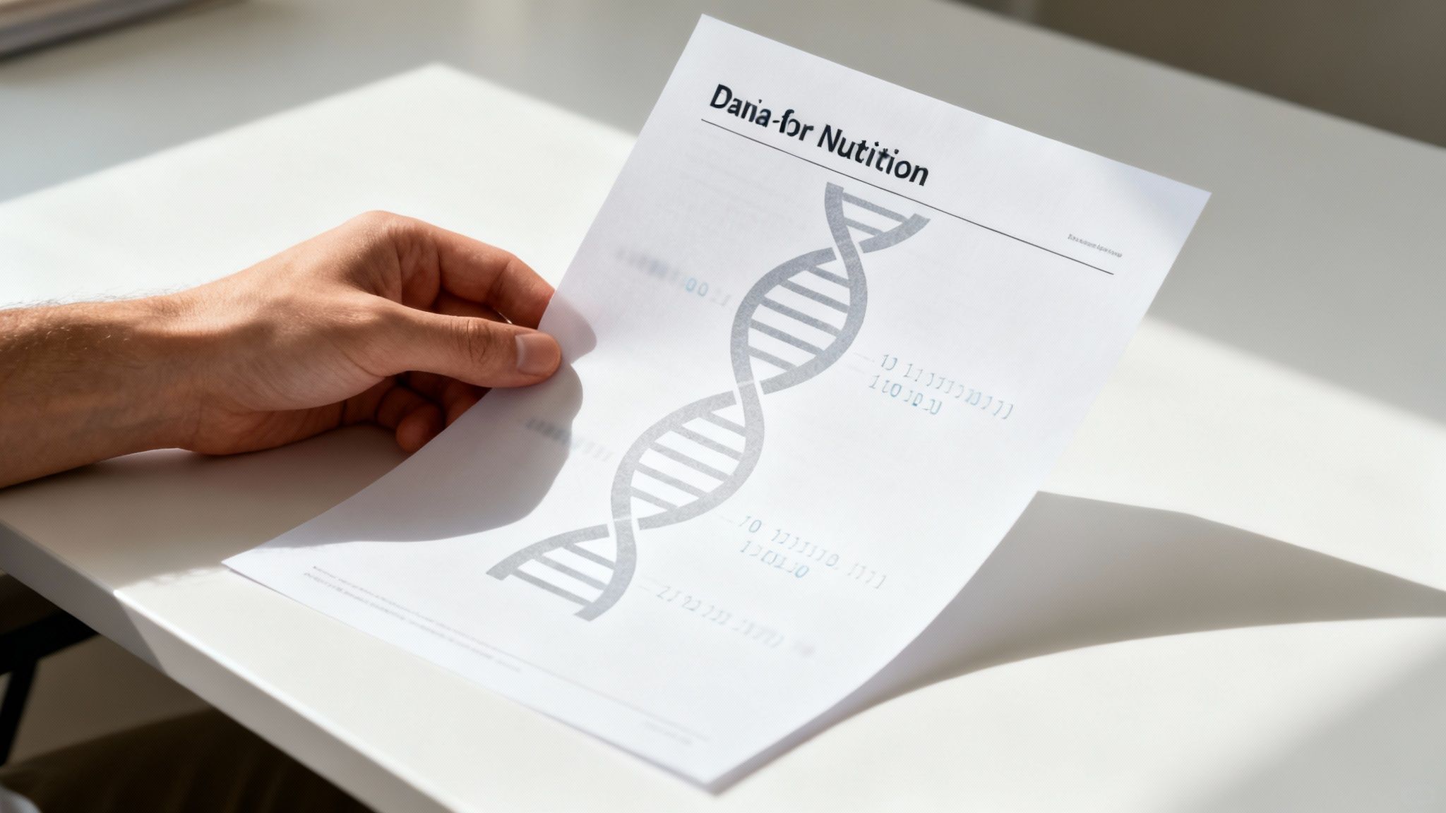 Eine Hand hält ein Dokument mit einer DNA-Struktur und dem Titel "Dania for Nutrition", das Genetik und Ernährung verbindet.