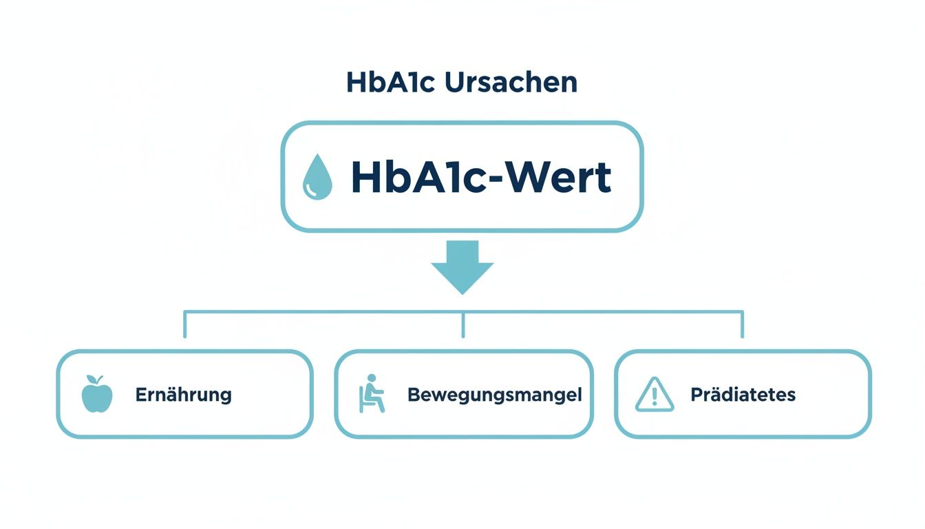 Flussdiagramm zeigt die Ursachen eines erhöhten HbA1c-Werts: Ernährung, Bewegungsmangel und Prädiabetes.