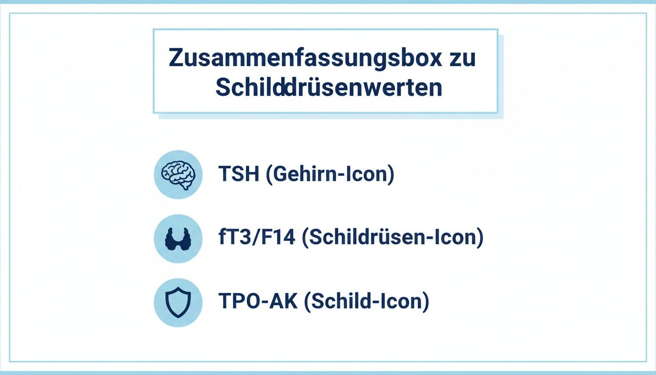 Übersicht einer Zusammenfassungsbox zu Schilddrüsenwerten, einschließlich TSH, fT3/F14 und TPO-AK mit zugehörigen Icons.