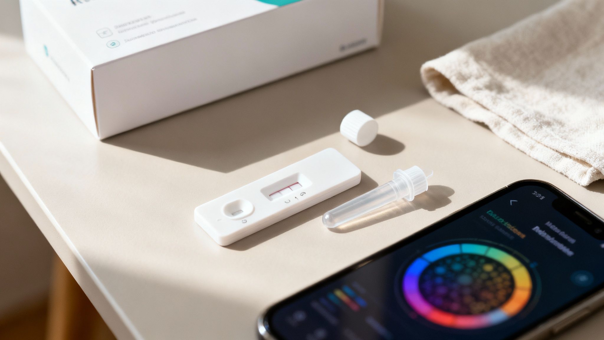 Schnelltest mit zwei roten Linien, die ein positives Ergebnis anzeigen, daneben ein Smartphone auf einem hellen Tisch.