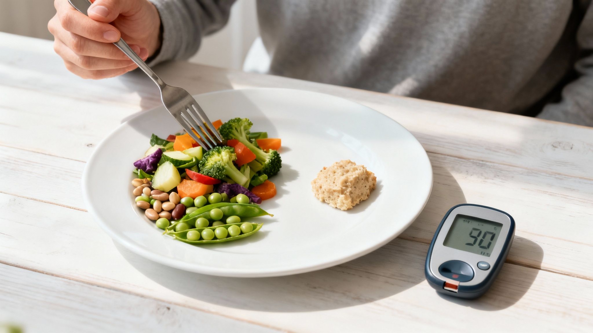 Eine Frau bereitet einen gesunden Salat mit frischem Gemüse in einer hellen Küche zu.