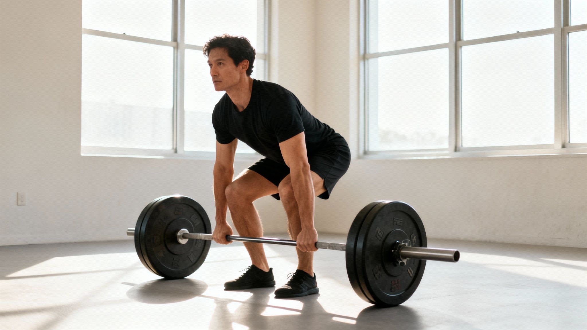 Mann in Sportkleidung beim Kreuzheben mit Langhantel in einem hellen, offenen Raum mit Fenstern.