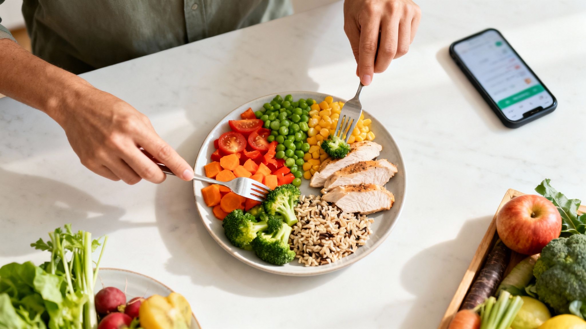 A person is eating a healthy meal of chicken, rice and lots of vegetables, next to a smartphone with a diet app.