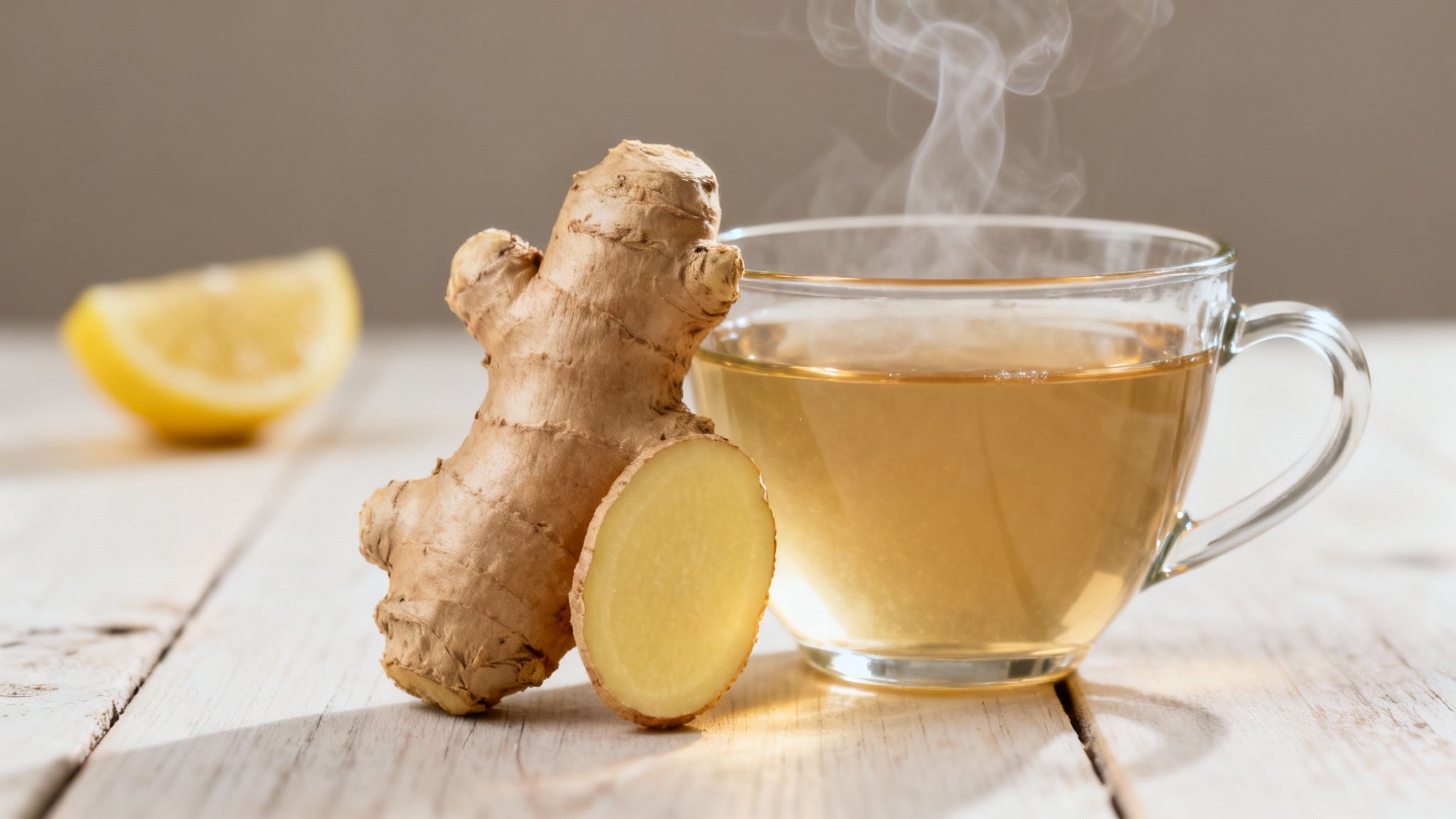 Frischer Ingwer und eine dampfende Tasse Ingwertee mit Zitrone auf hellem Holzuntergrund.