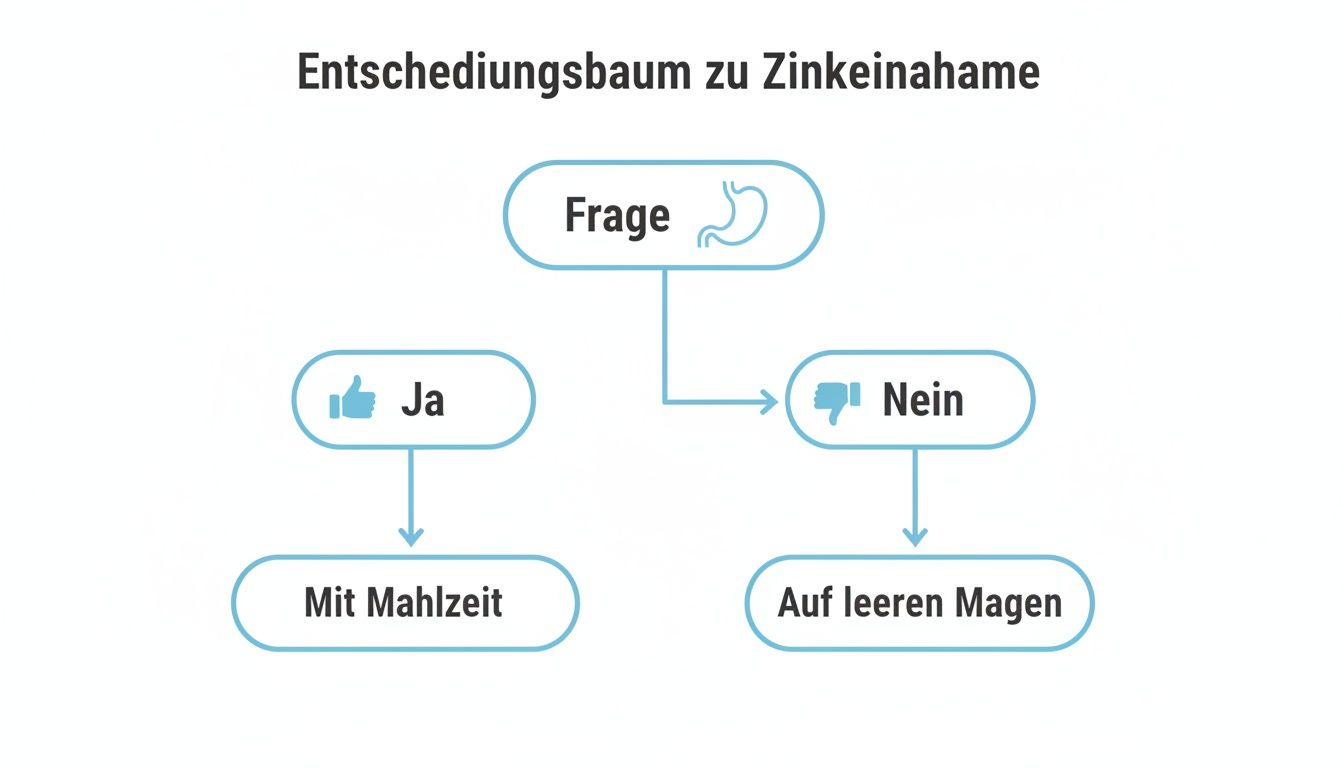 Entscheidungsbaum zur Zinkeinnahme mit Empfehlungen: entweder mit Mahlzeit oder auf leeren Magen.