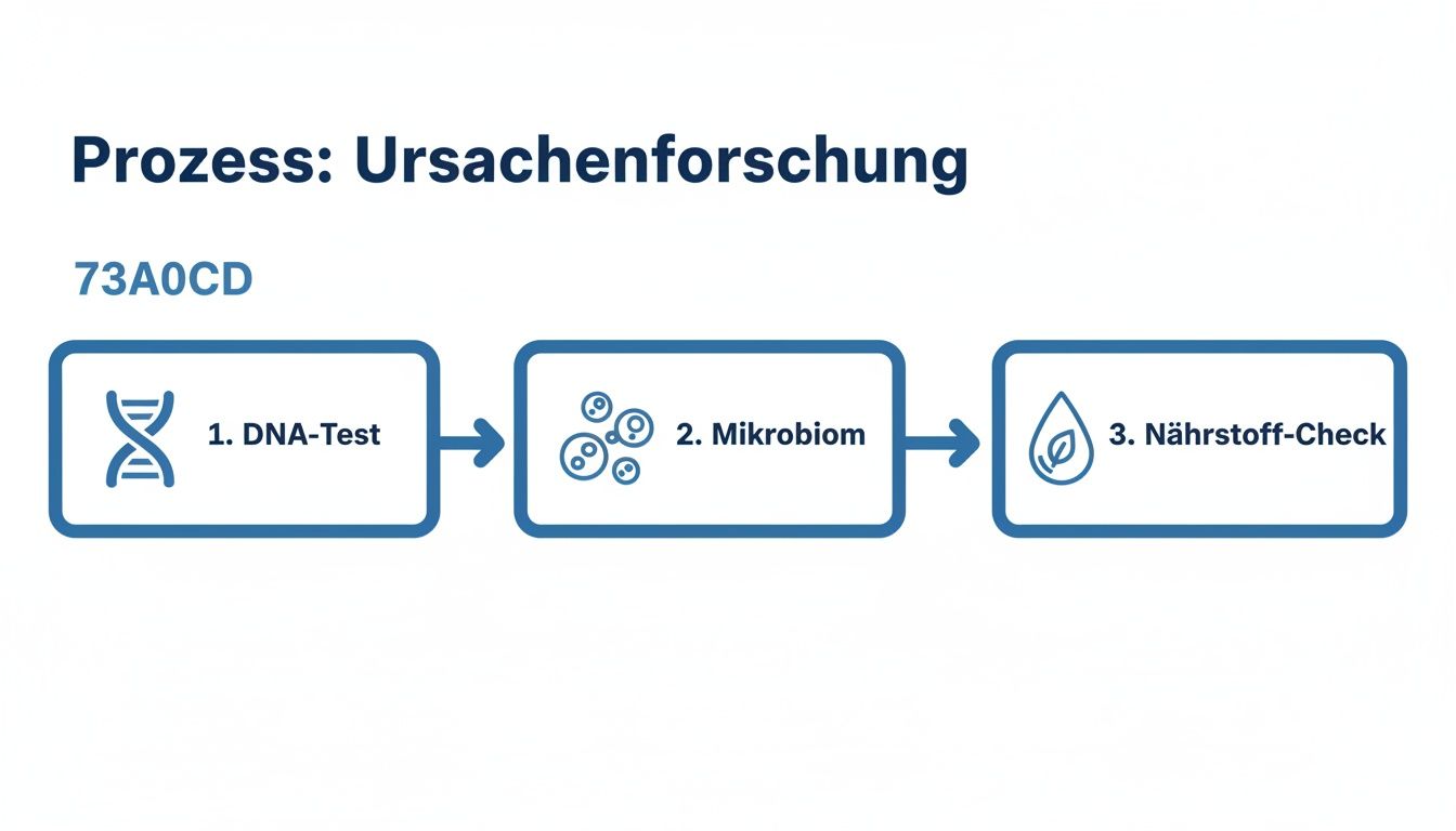 Ein Flussdiagramm zeigt den Prozess der Ursachenforschung mit DNA-Test, Mikrobiom-Analyse und Nährstoff-Check.