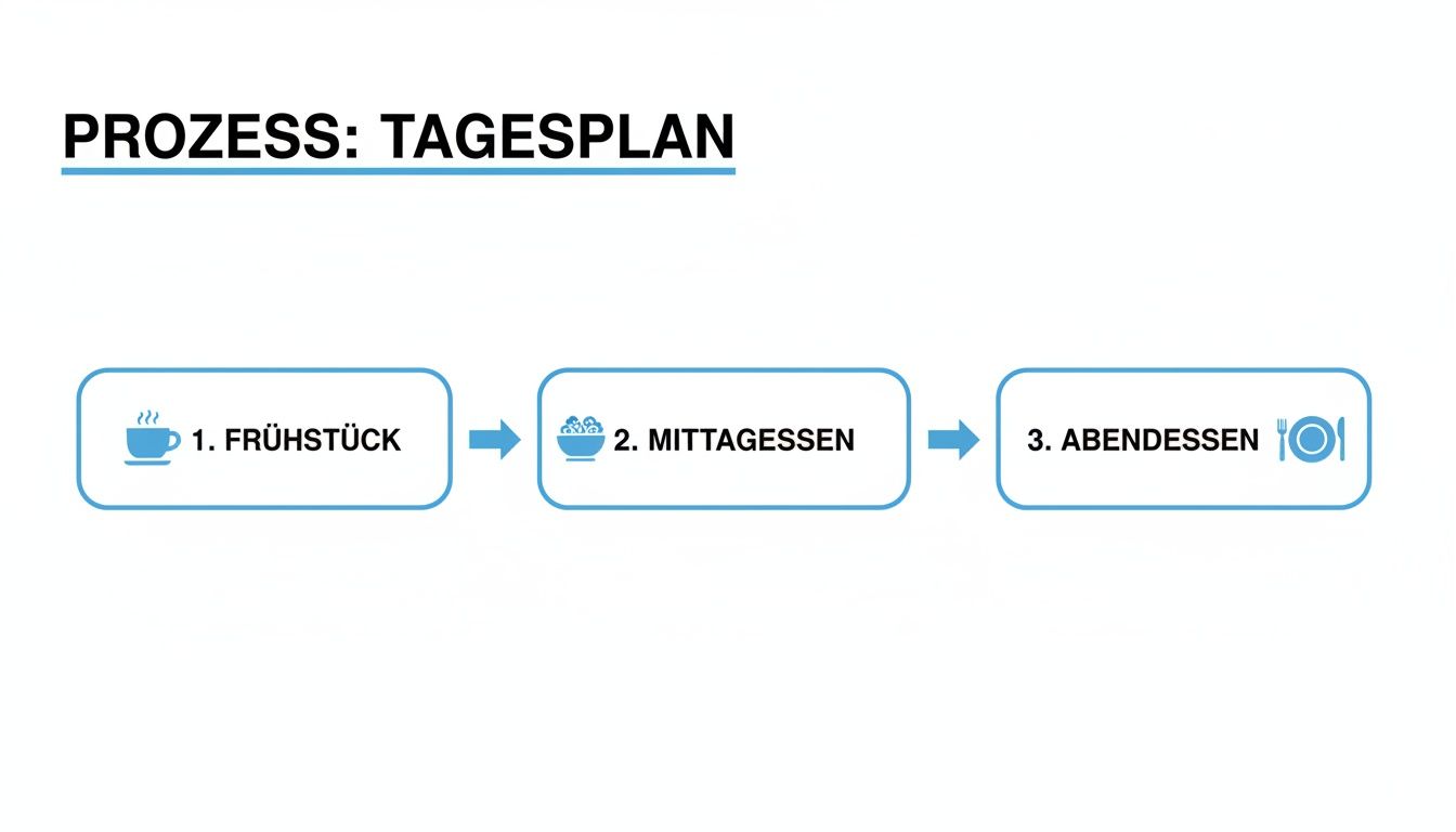 Ein Tagesplan-Prozess visualisiert mit Symbolen für Frühstück, Mittagessen und Abendessen in chronologischer Reihenfolge.