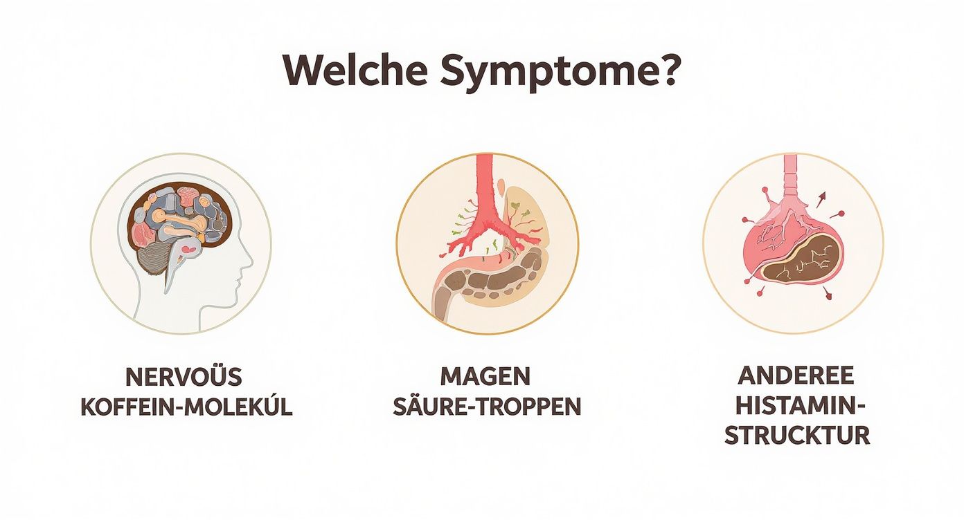 Eine Infografik, die als Entscheidungsbaum die möglichen Ursachen einer Kaffeeunverträglichkeit basierend auf den Symptomen visualisiert.