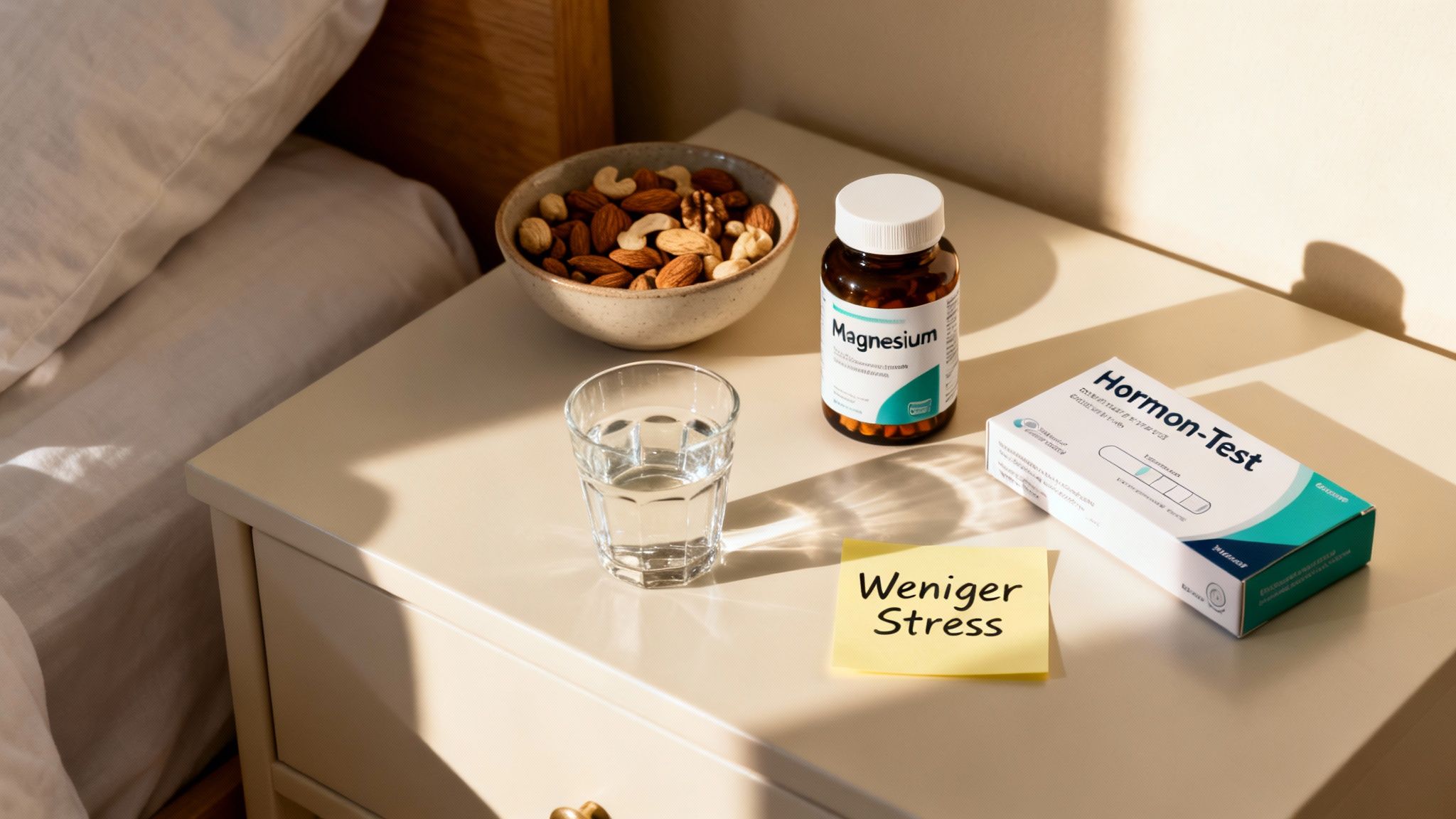 Nachttisch mit Magnesiumflasche, Hormon-Test, Nüssen, Wasserglas und Zettel 'Weniger Stress'.