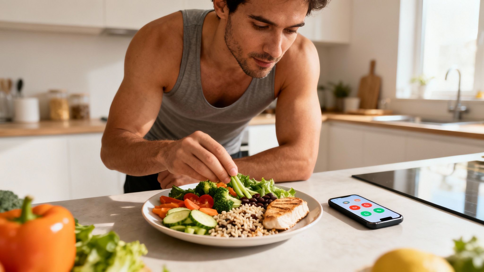Ein junger Mann in der Küche bereitet eine gesunde Mahlzeit mit Salat, Gemüse und Fisch zu.