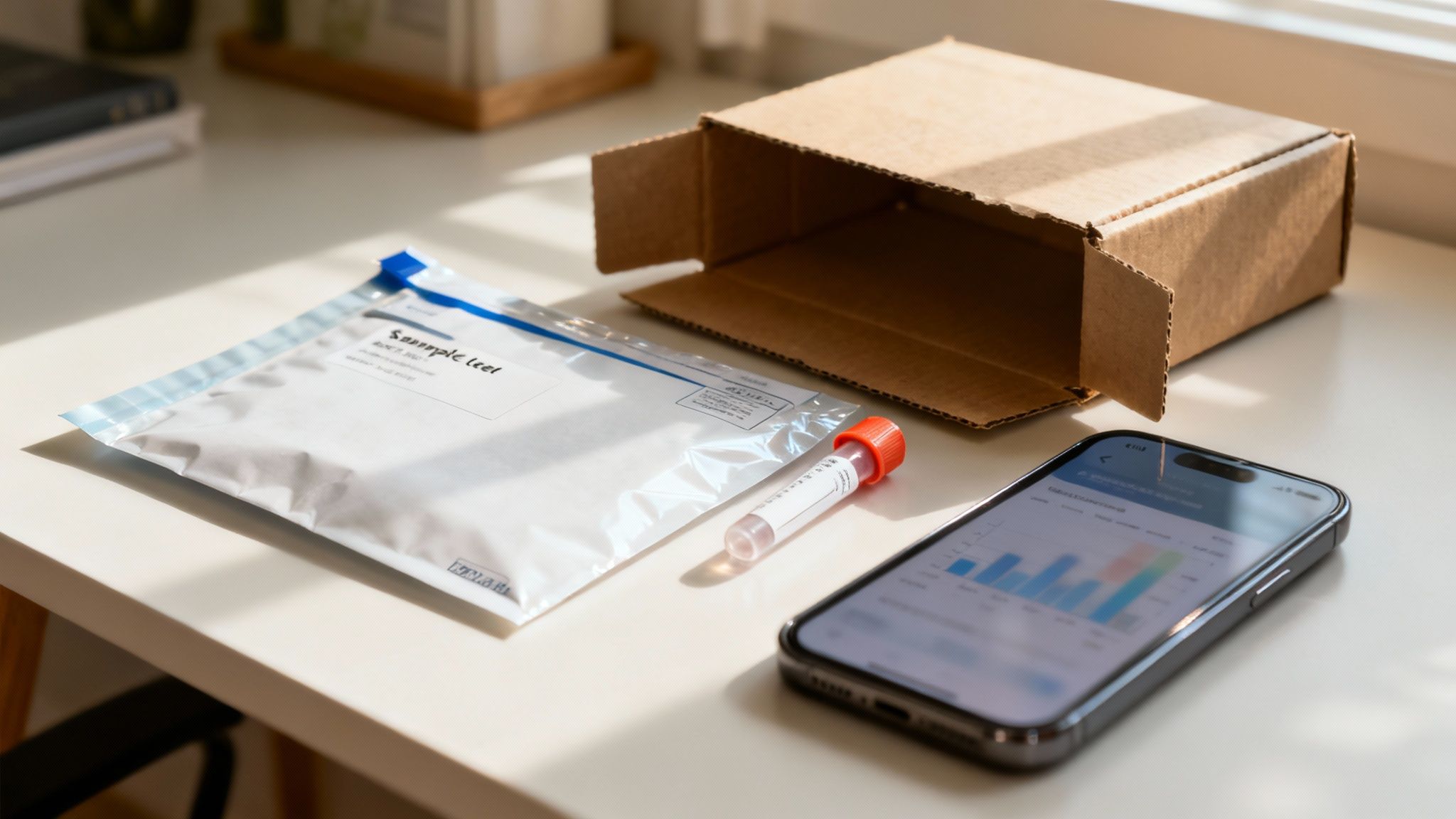 Ein Heimtest-Set mit Probentüte, Reagenzglas und Smartphone auf einem Tisch, bereit zur Analyse von Vitamin- und Mineralstoffwerten.