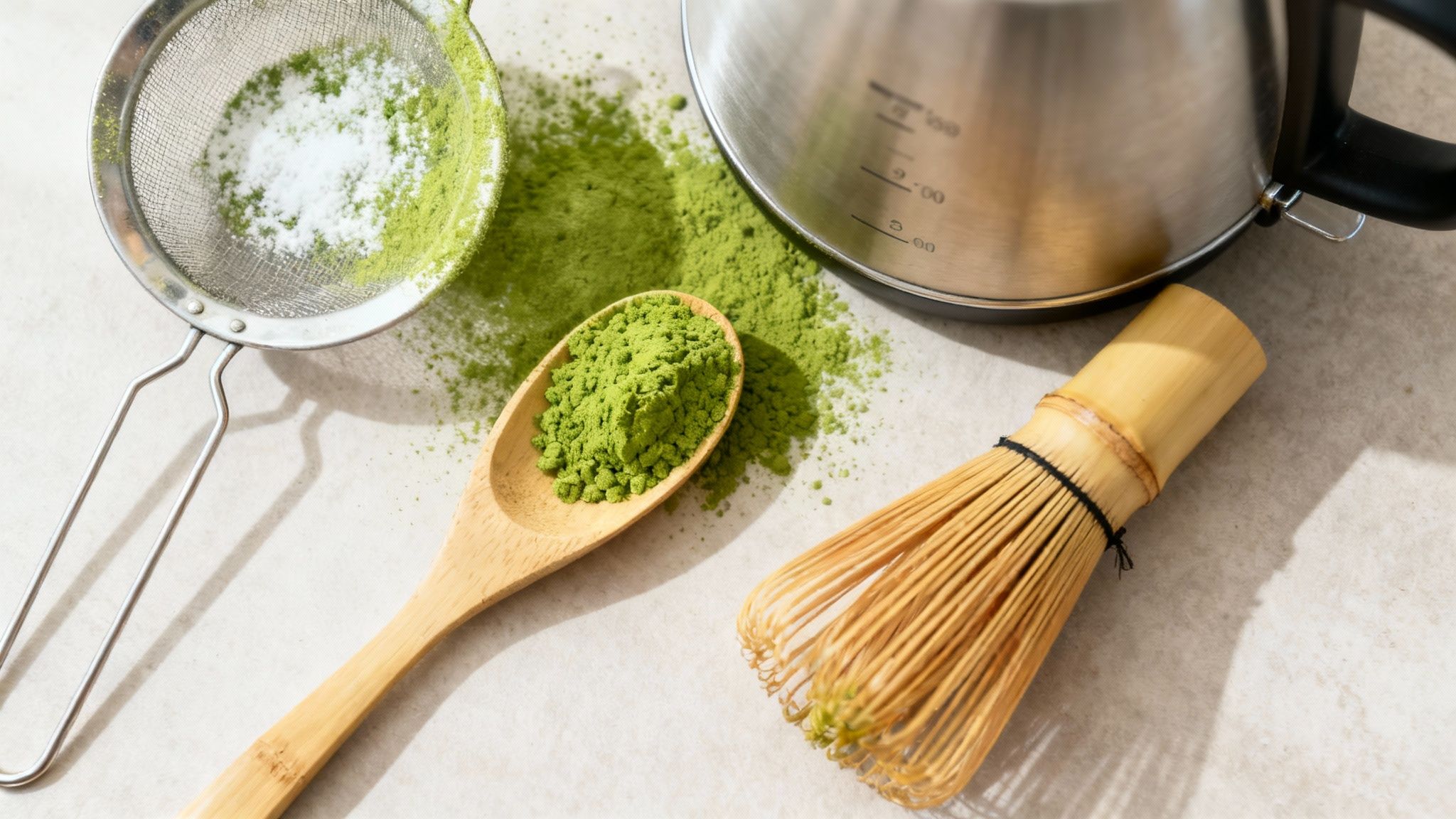 Eine Person bereitet Matcha-Tee in einer traditionellen Schale zu