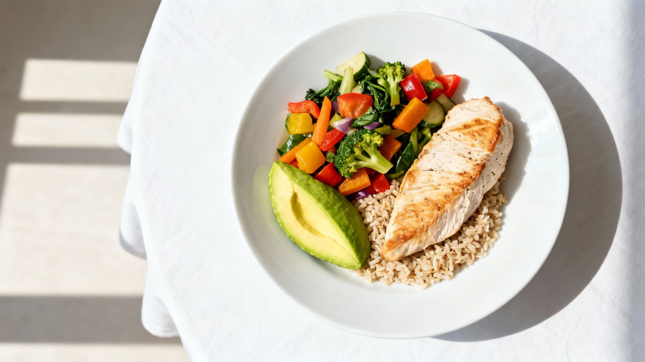 Eine gesunde Mahlzeit mit gegrilltem Hähnchen, braunem Reis, buntem Gemüse und Avocado auf einem weißen Teller.