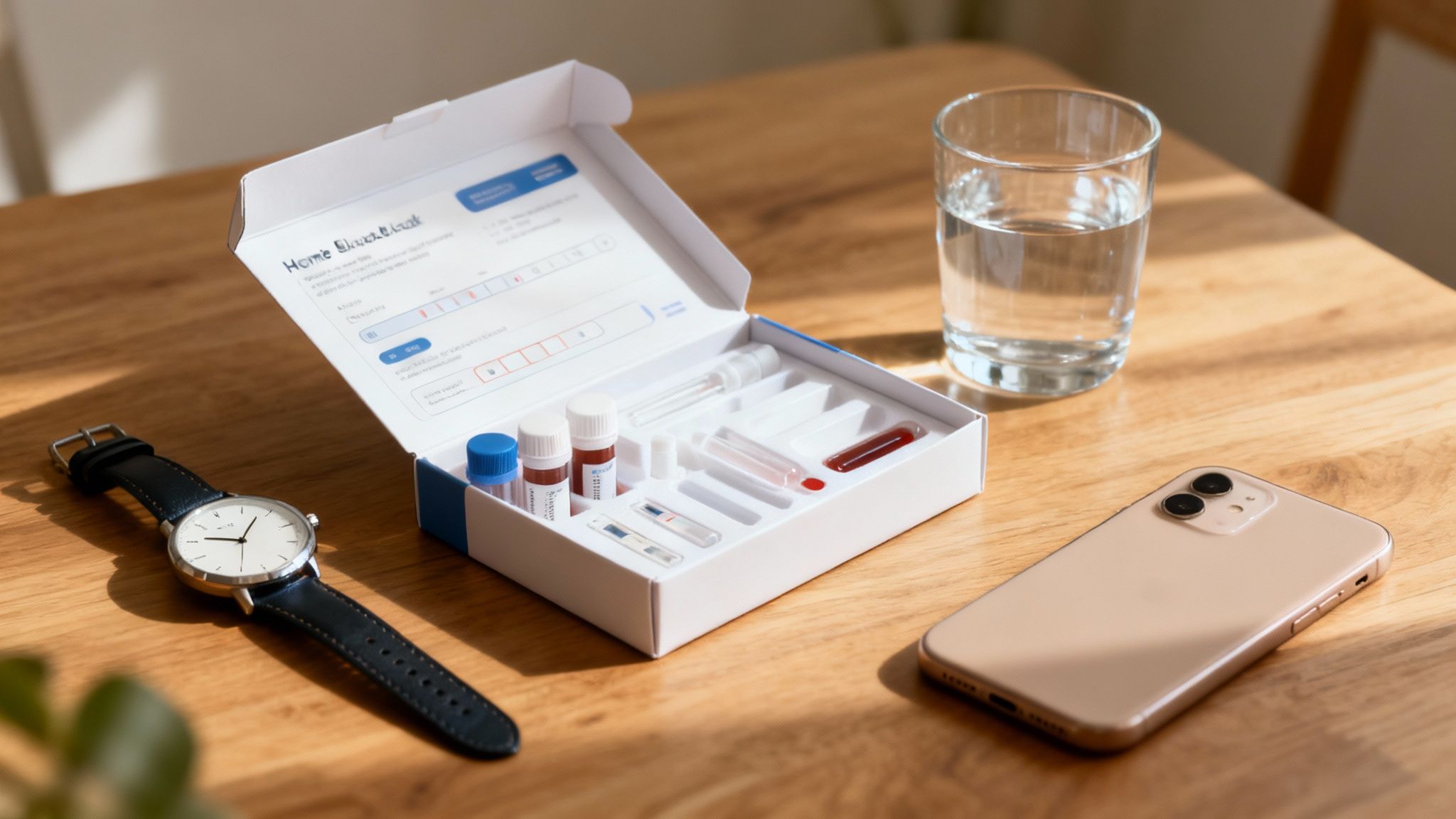 Ein Heim-Bluttest-Kit, ein Glas Wasser, eine Uhr und ein Smartphone liegen auf einem Holztisch.