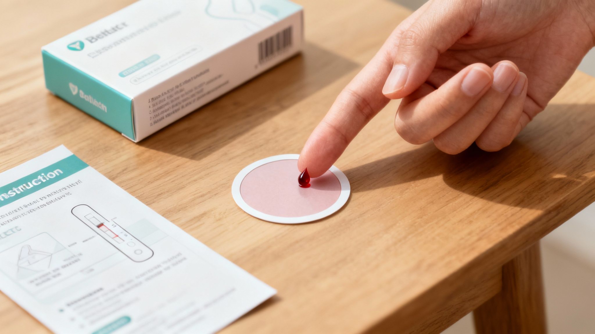 Eine Hand tropft Blut auf eine runde Testkarte für einen Unverträglichkeitstest auf einem Holztisch.