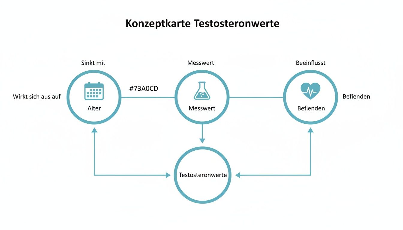 Eine Konzeptkarte visualisiert die Testosteronwerte im Kontext von Alter, Messung und dem allgemeinen Befinden.